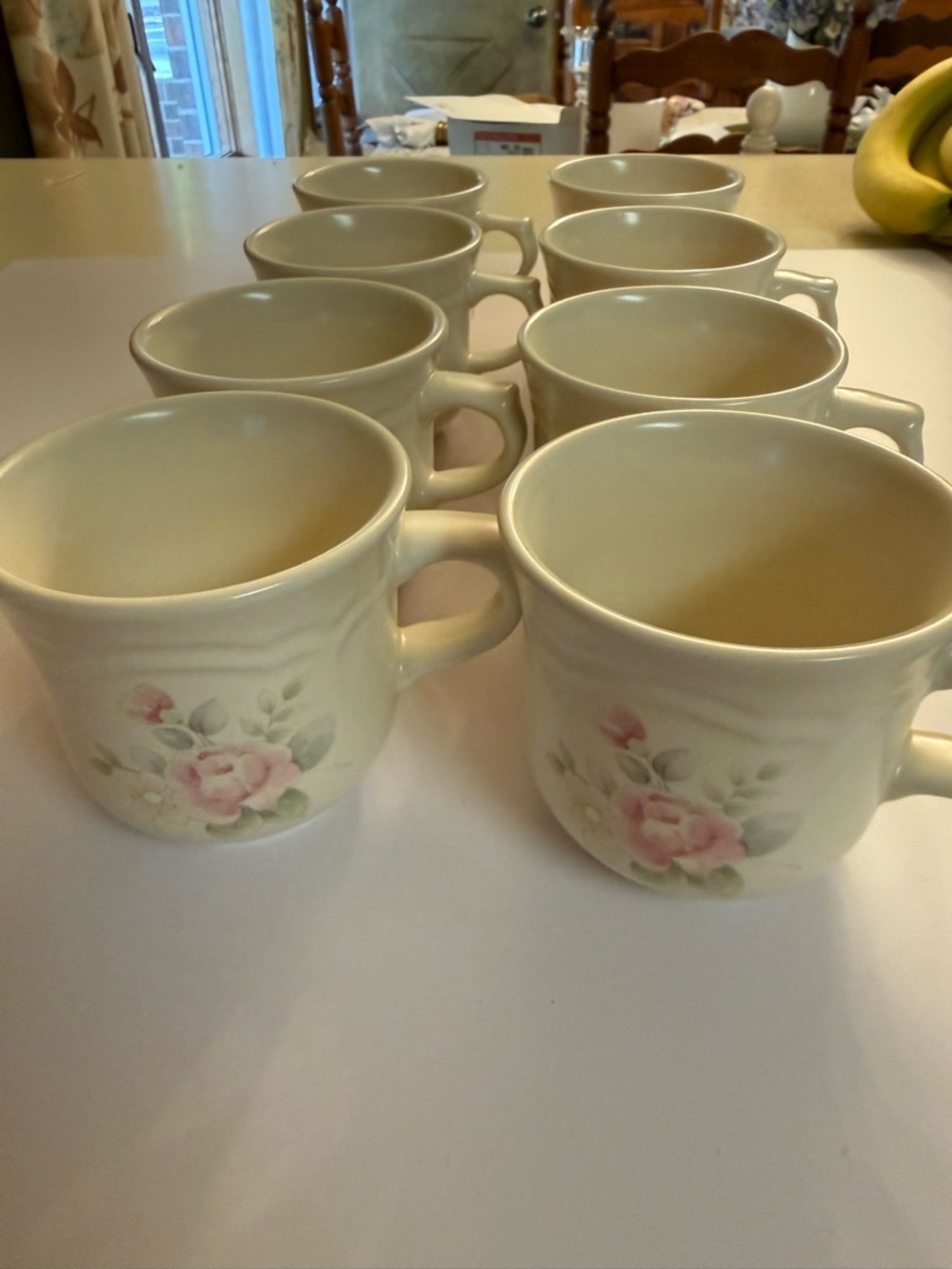 Pfaltzgraff Cream Mugs with Pink Rose and Green Leaf Accent - Set of 8